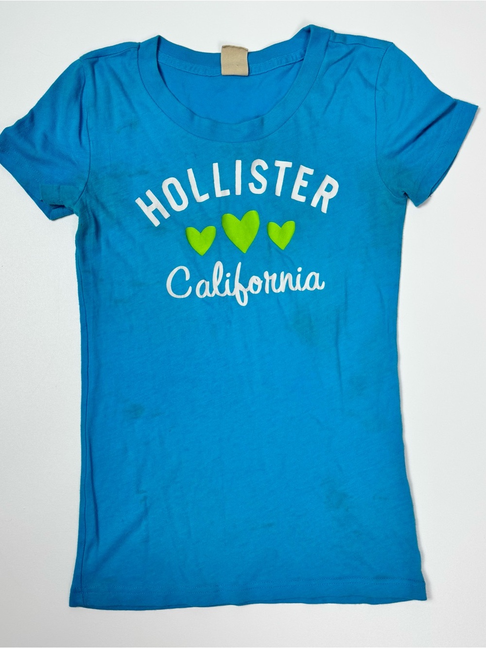 Hollister Bright Blue Tee with Lime Heart Graphics